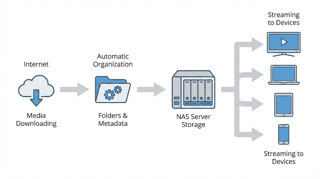 Este diagrama mostra como um NAS se posiciona no centro do seu ecossistema de mídia, coordenando armazenamento, automação e streaming para todos os seus dispositivos.