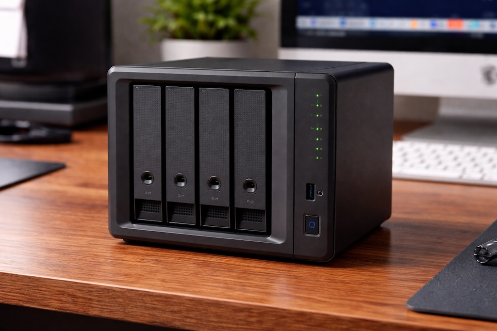 Um dispositivo NAS moderno conecta toda a sua rede doméstica, tornando os arquivos acessíveis de qualquer dispositivo enquanto funciona 24 horas por dia, 7 dias por semana, em segundo plano.